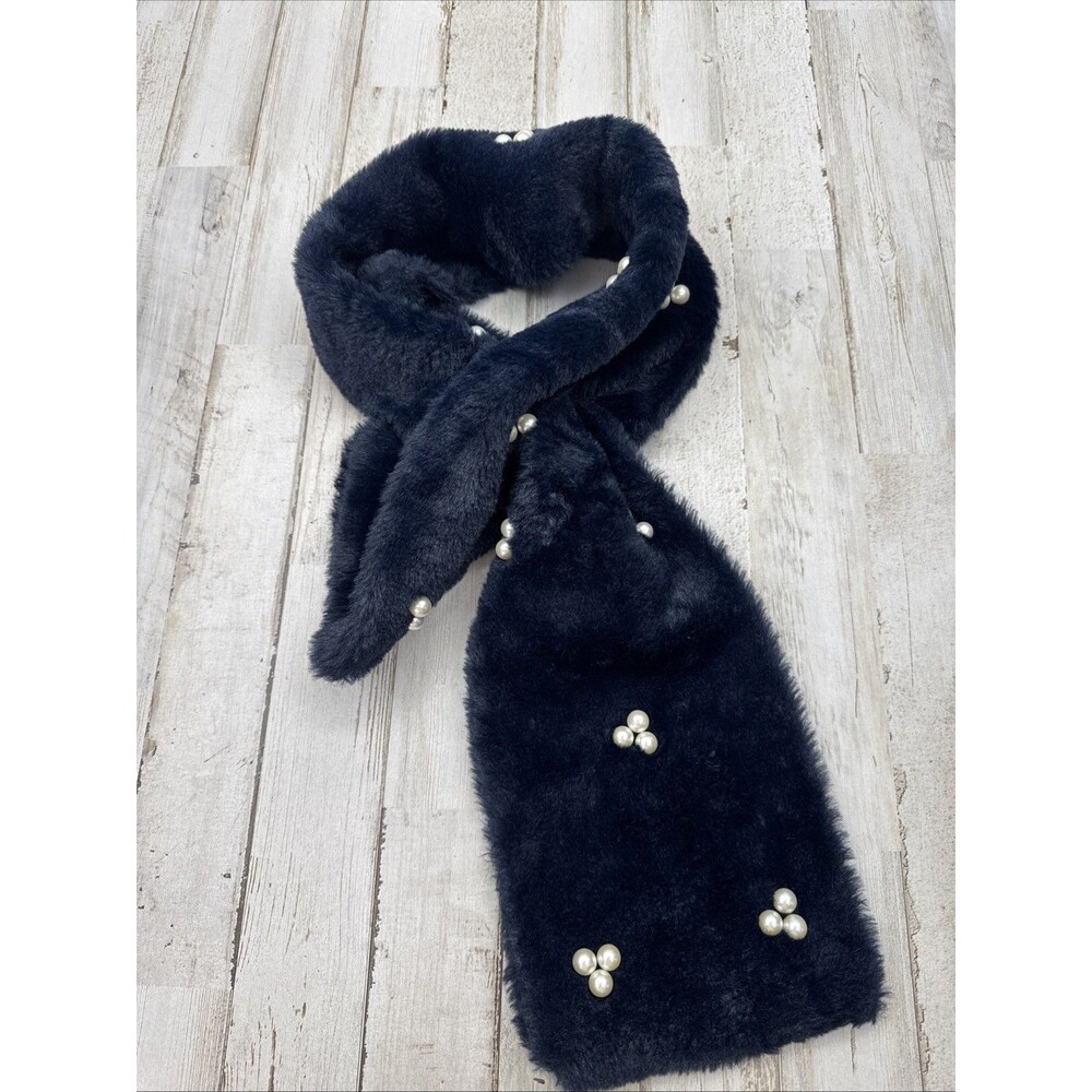 Ladies Navy Faux Fur Pearl Scarf Wrap Shawl Stole Winter Warm Fluffy Furry